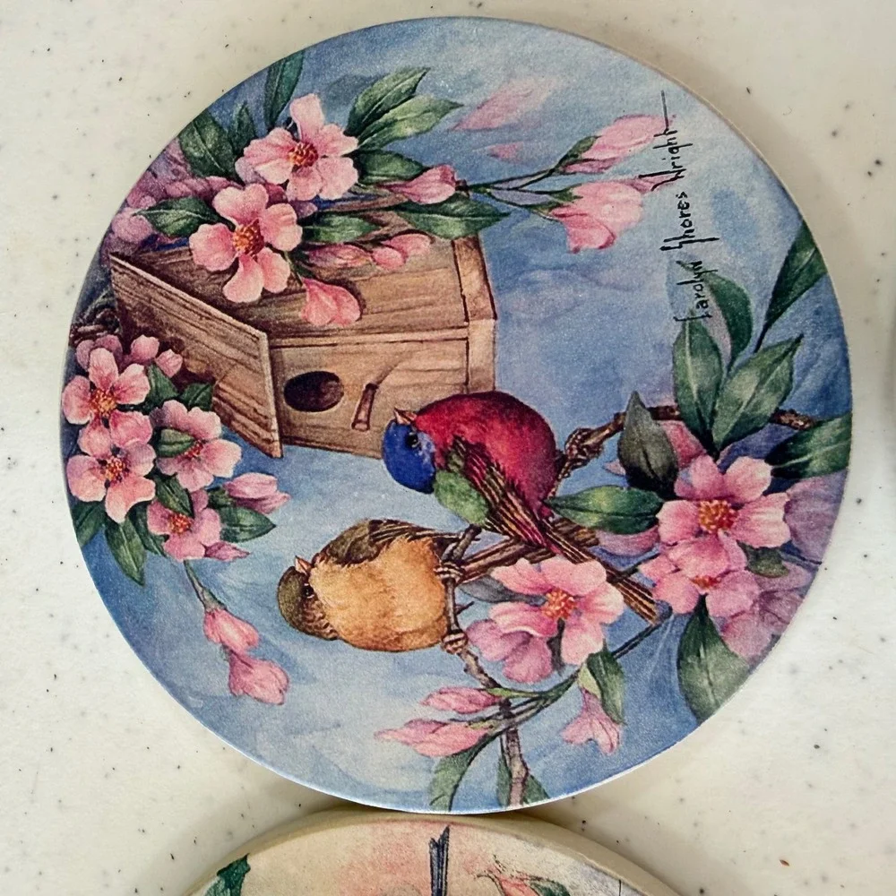 CoasterStone Carolyn Shores Wright Bird Birdhouse Rose Absorbent Coasters Set 4